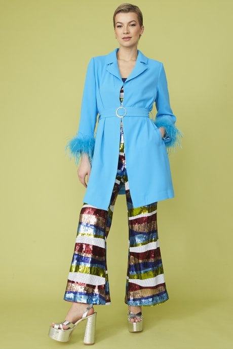 Blue Rayon Blend Feather Trim Midi Coat