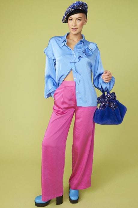 Blue Rayon Blend Ruffle Blouse