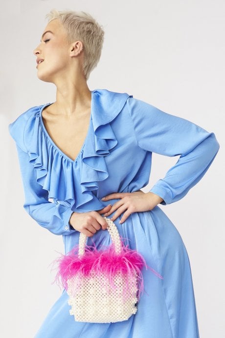 Blue Ruffle Maxi Shift Dress