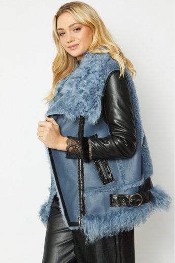 Blue Shearling & Leather Gilet