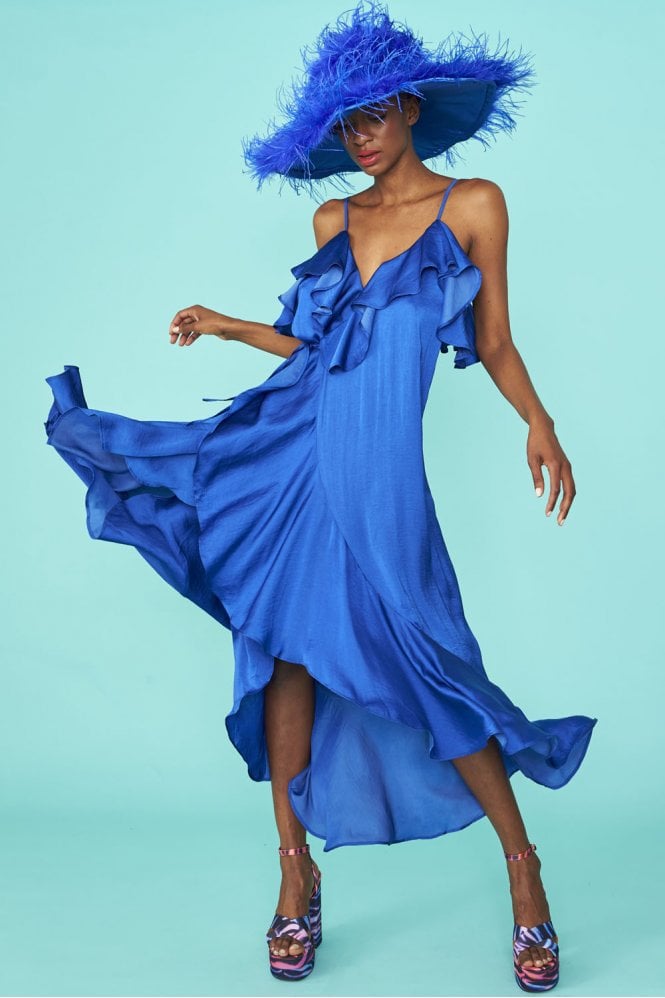 JAYLEY Blue Silk Blend Maxi Ruffle Dress