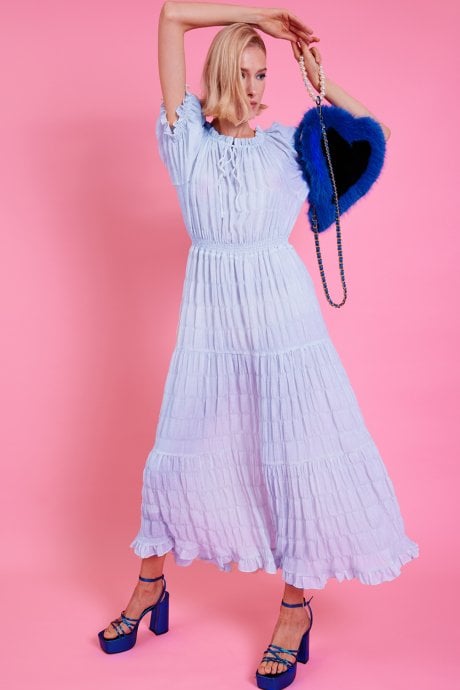 Blue Silk Blend Maxi Ruffle Dress