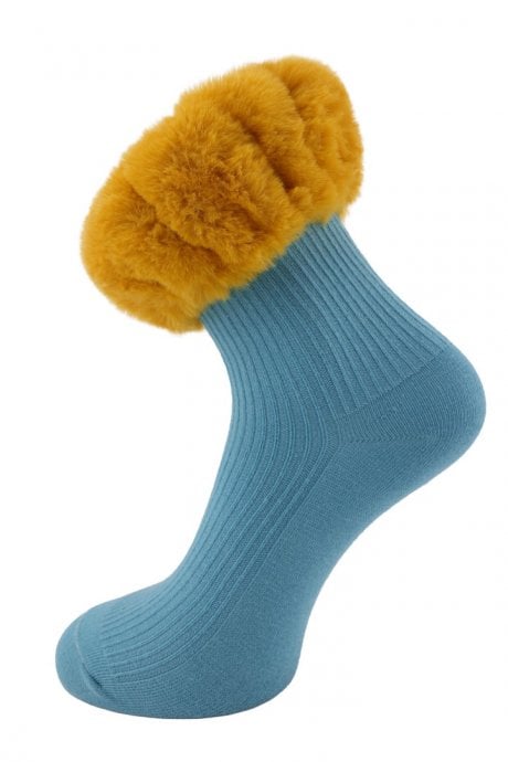 Blue Socks with Yellow Faux Fur Trim