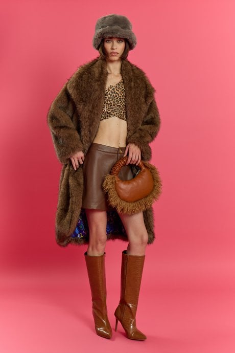 Brown Bamboo Blend Oversized Faux Fur Coat