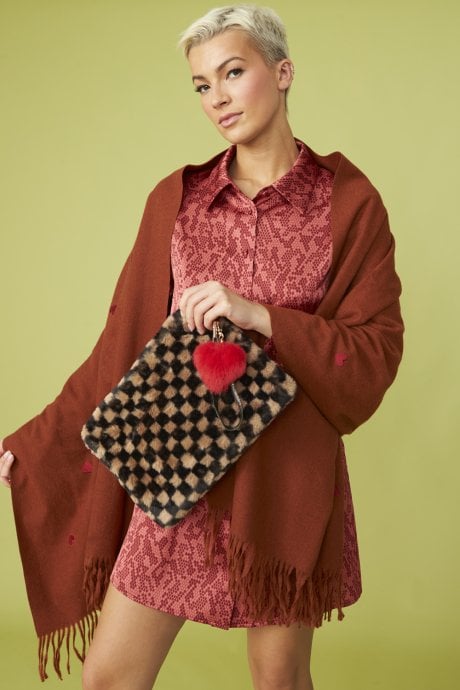 Brown Luxury Checkered Faux Fur Bag