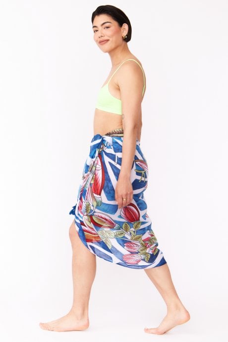 Cashmere and Silk Blend Tropical Print Tassel Sarong Wrap
