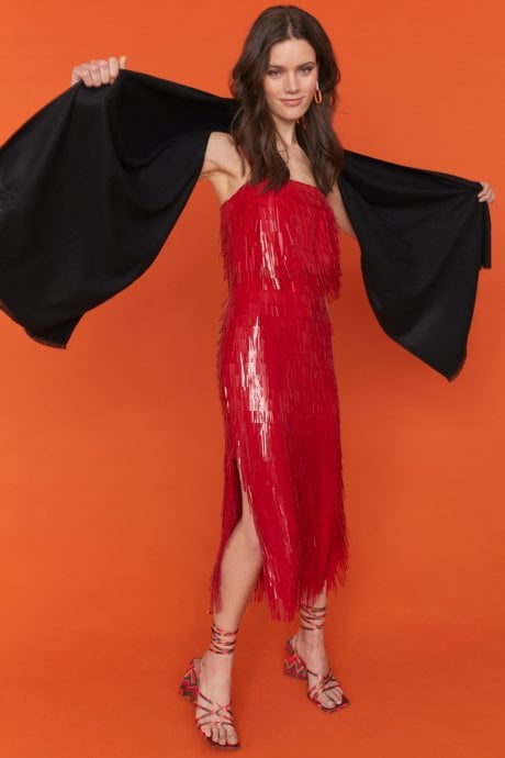 Cashmere Blend Wrap in Black with Fringed hem and Logo