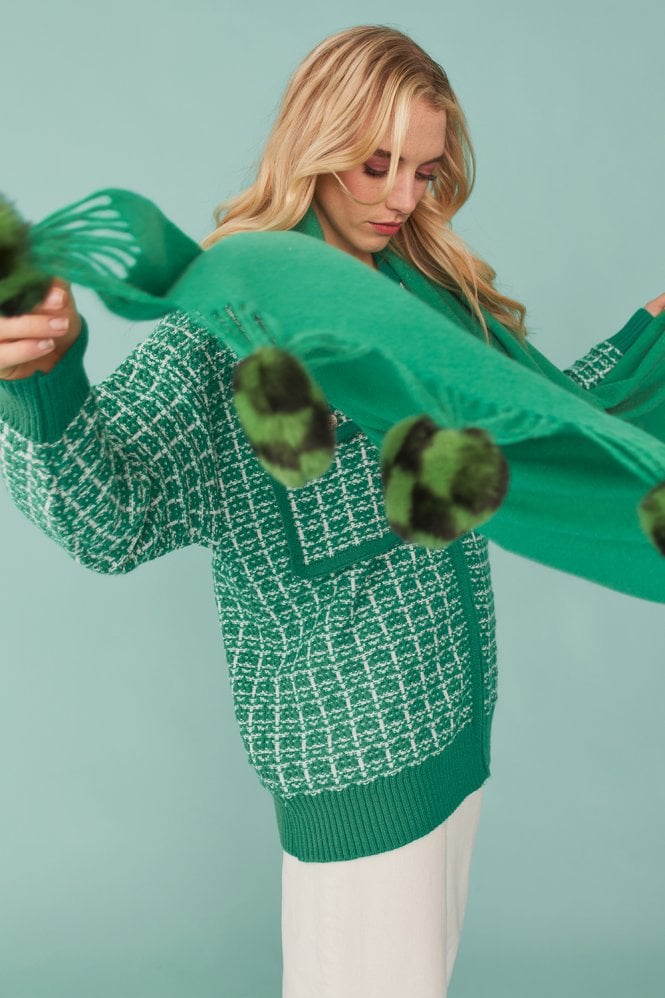 JAYLEY Cashmere blend wrap with green checkered poms