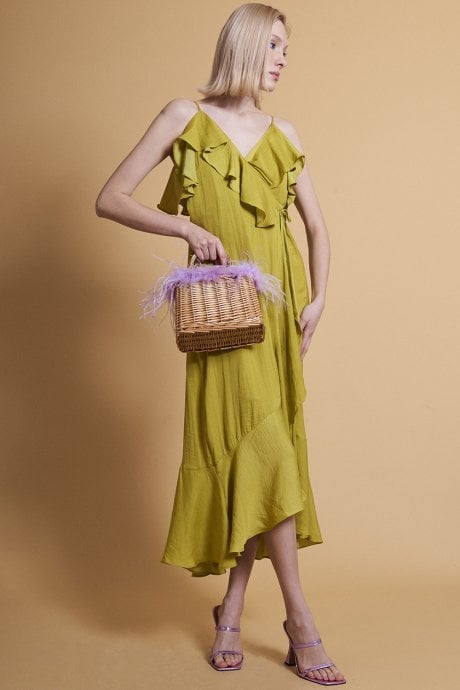 Chartreuse Silk Blend Maxi Ruffle Wrap Dress