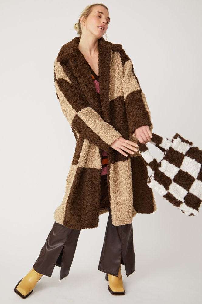 JAYLEY Checkered Brown Faux Shearling Oversized Coat
