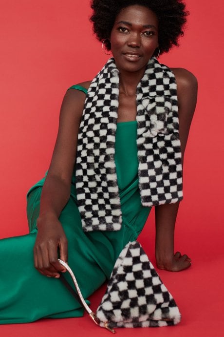 Checkered Mint and Black Faux Fur Pyramid Bag