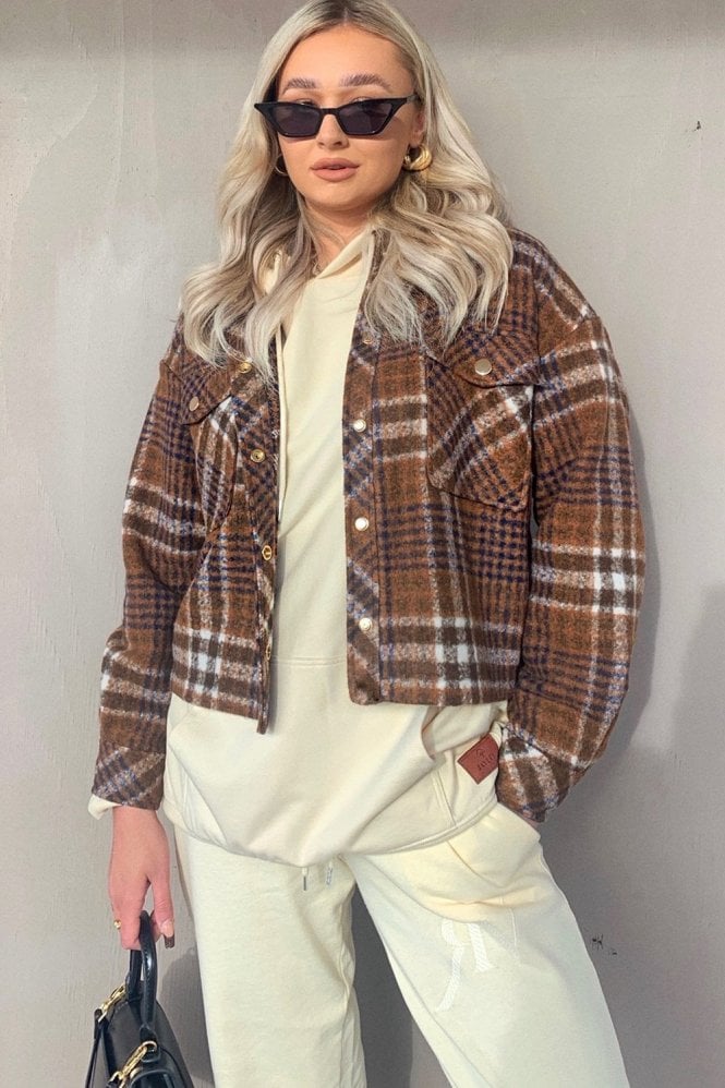 JAYLEY Chocolate Cropped Cashmere Blend Check Jacket