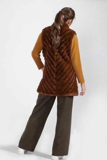 Chocolate Faux Fur Faux Suede Diagonal Striped Long Gilet | Waistcoat