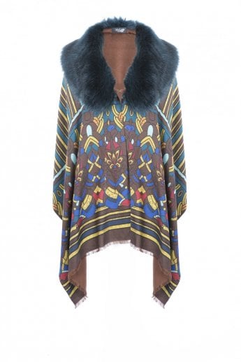 Chocolate Patterned Cashmere and Faux Fur Wrap