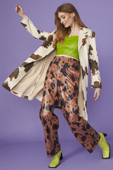 Cow Print Chocolate Brown Faux Suede Trousers