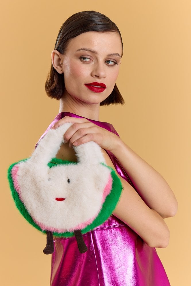 JAYLEY Cream and Green Handmade Water Melon Bamboo Fur Bag