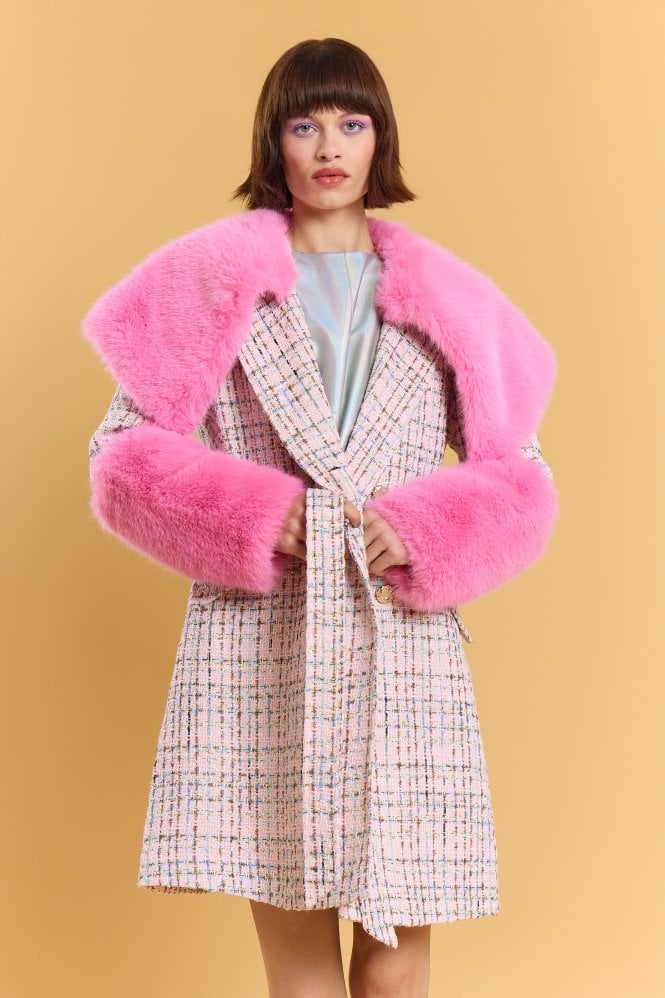 JAYLEY Cream and Pink Bamboo Lyocell Blend Check Faux Fur Coat