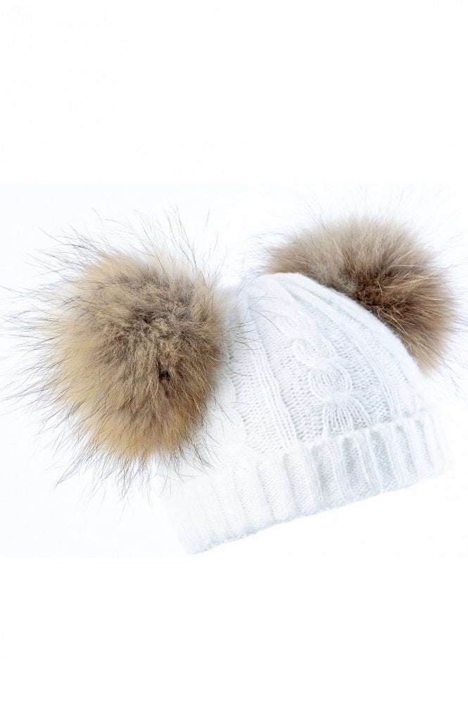 JAYLEY Cream Cashmere Blend dual bobble Fox Fur Hat
