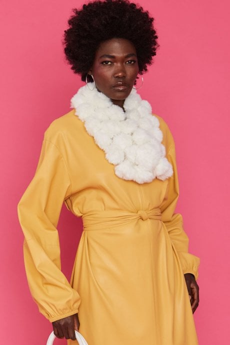 Cream Coney Fur Pom Detail Scarf