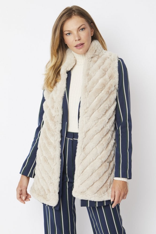 JAYLEY Cream Faux Fur Faux Suede Diagonal Striped Long Gilet
