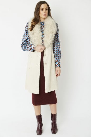 Cream Faux Suede Fox Fur Collar Gilet