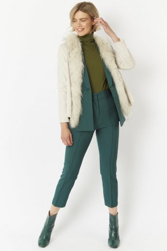 Cream Faux Suede Jacket with Fox Fur Collar Edging