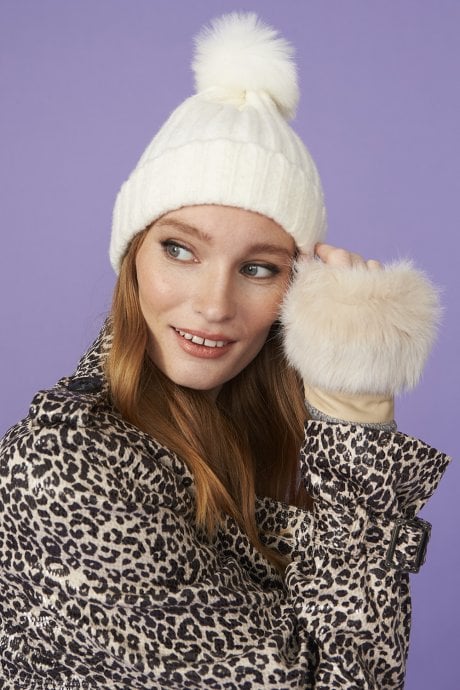 Cream Knitted Beanie Faux Fur Pom Pom Hat