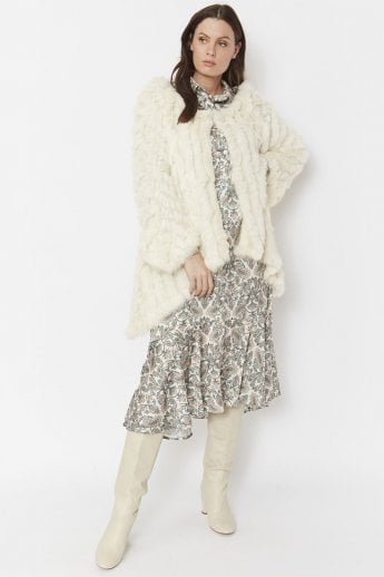 Cream Mid Length Asymmetrical Coney Fur Jacket