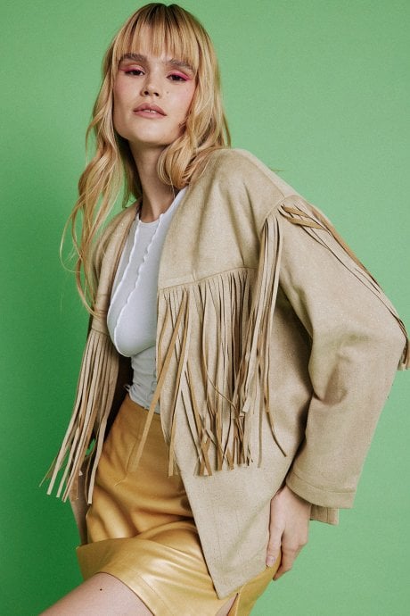 Cream Starlight Tassel Glitter Faux Suede Jacket