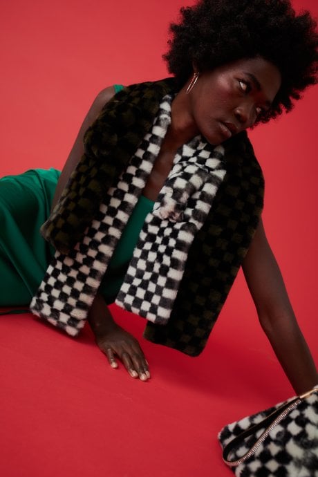 Dark Green and Black Checkered Faux fur Scarf with Bow Detail Fastening