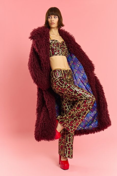 Deep Red Bamboo Blend Faux Shearling Maxi Coat