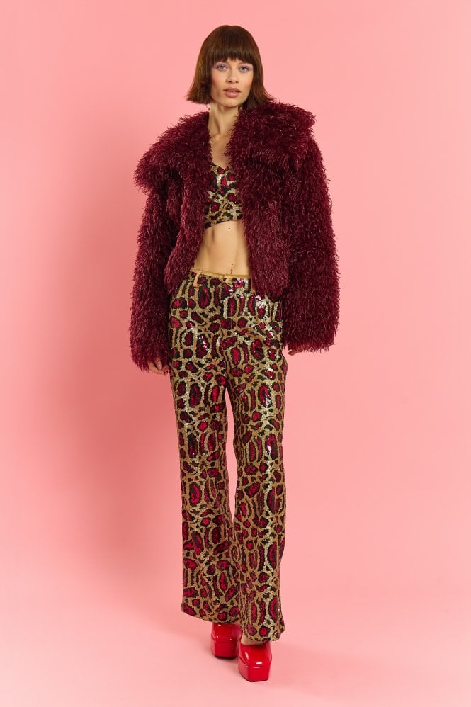 JAYLEY Deep Red Bamboo Lyocell Knitted Vegan Faux Shearling Jacket