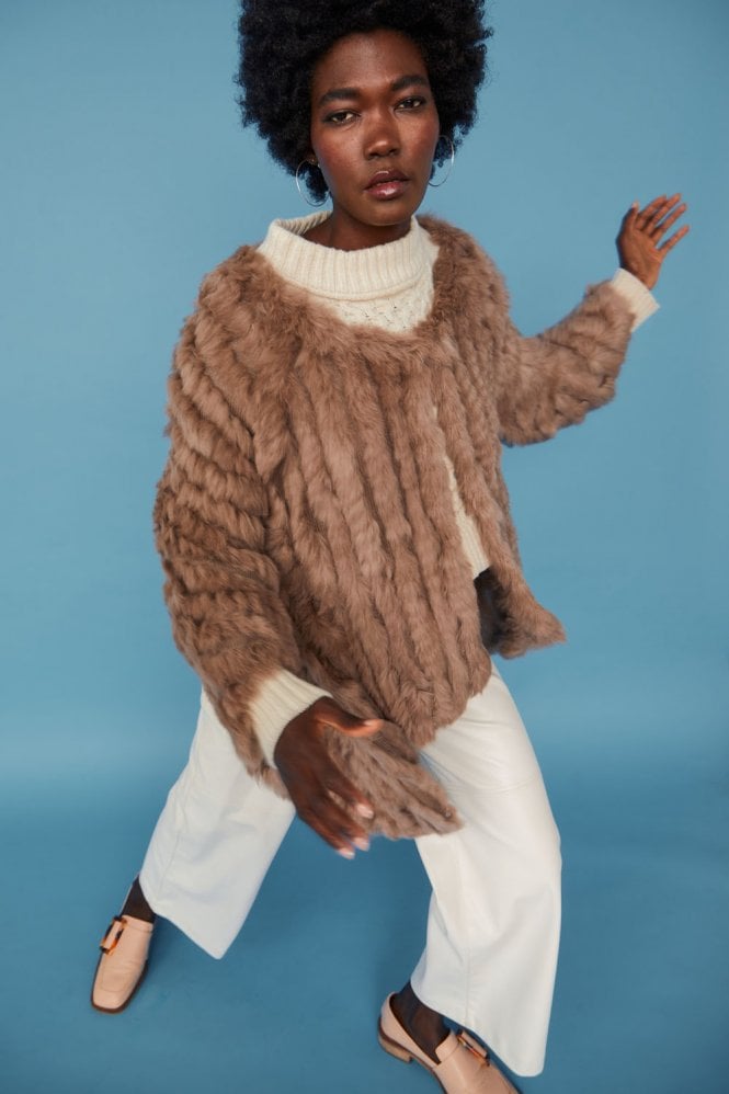 JAYLEY Dusty Pink Mid Length Asymmetrical Coney Fur Jacket