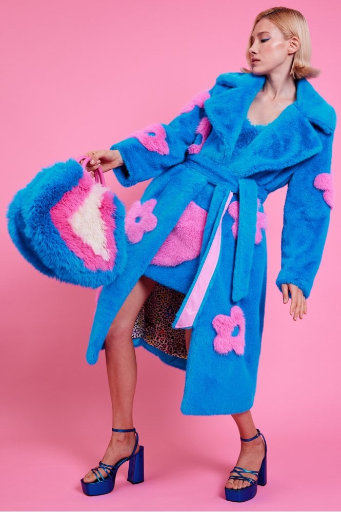 JAYLEY Eco Bamboo Blue Faux Fur Coat with Pink Flower Detailing
