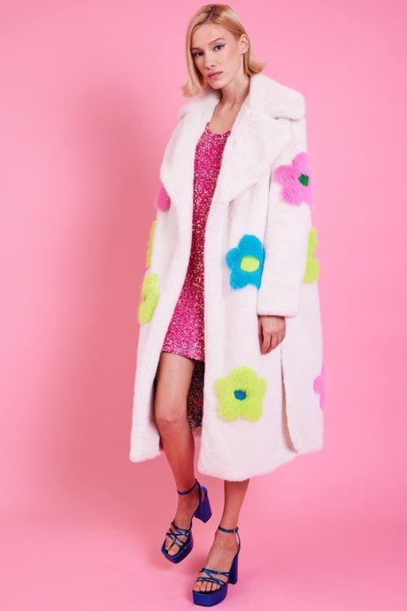 Eco Bamboo Faux Fur Coat with Bright Flower Detailing