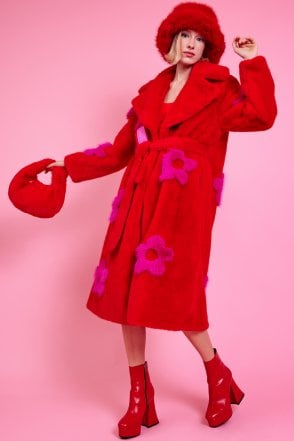 Eco Bamboo Red Faux Fur Coat with Pink Flower Detailing