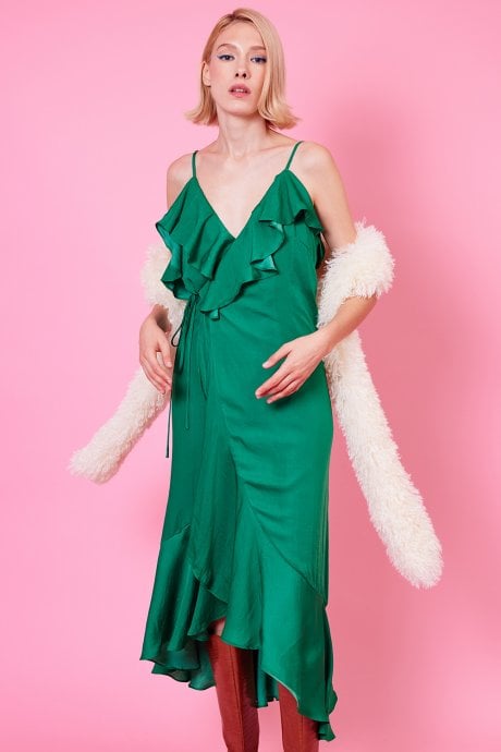 Emerald Silk Blend Maxi Ruffle Wrap Dress