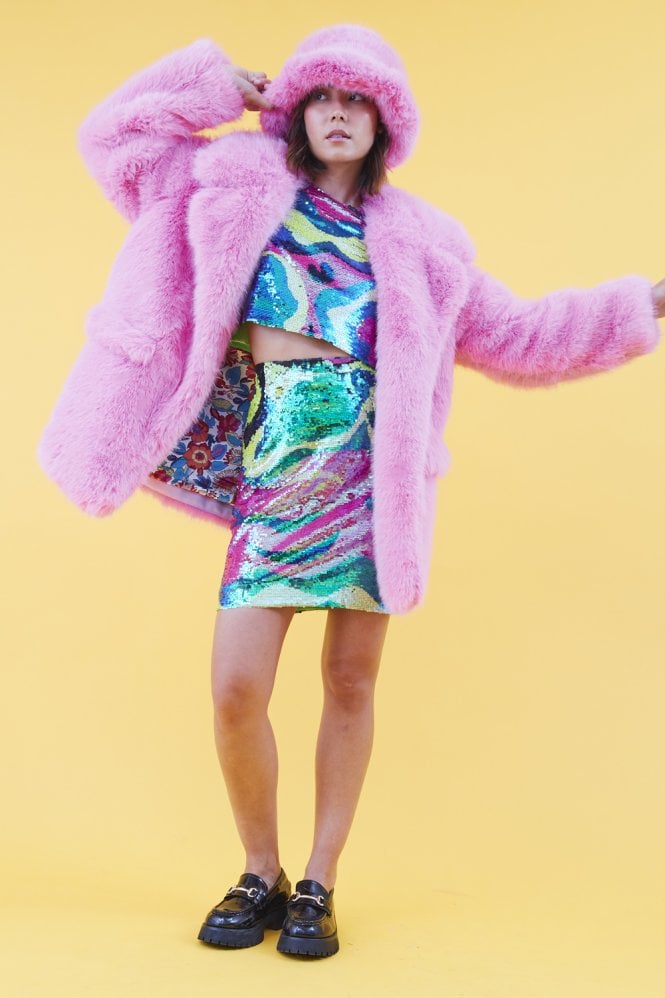 JAYLEY Faux Fur Baby Pink Midi Coat