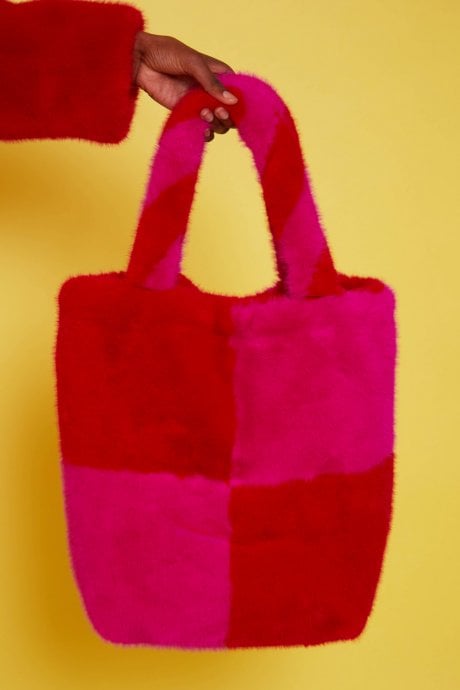 Faux Fur Checkered Tote Bag