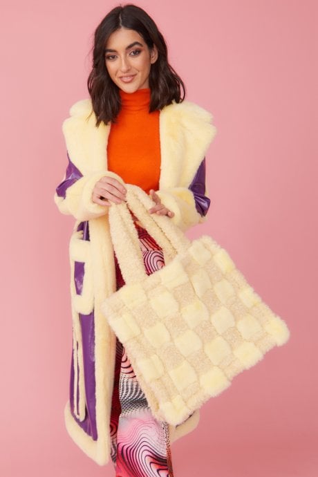 Faux Fur Hand Woven Checkered Tote Bag