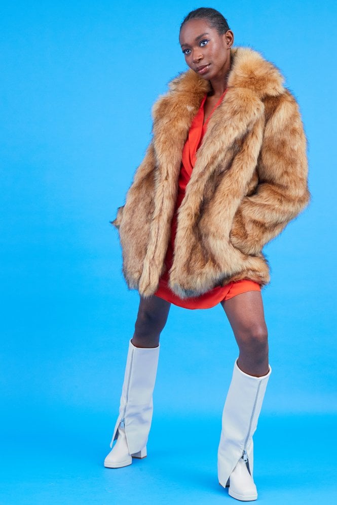 JAYLEY Faux Fur Natural Looking Coat Midi Length