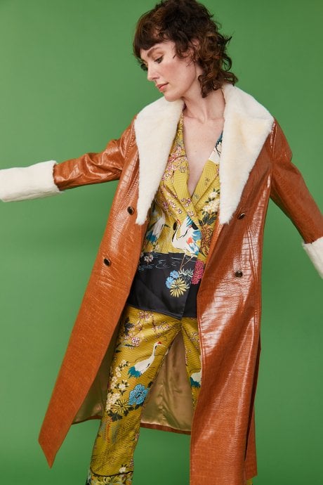 Faux Leather Maxi Coat with Fur Cuffs and Collar