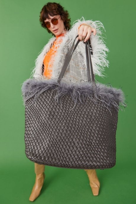 Faux Leather Tote Bag with Feather Trim in Tan