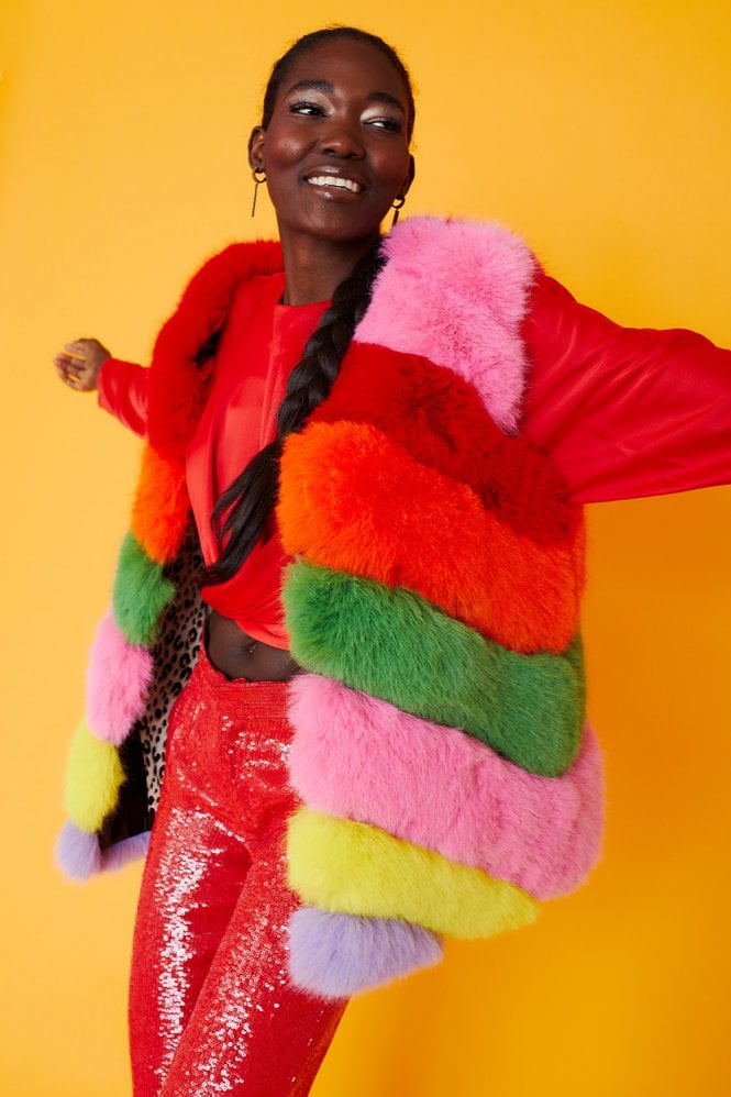 JAYLEY Gaga Faux Fur Striped Rainbow Gilet | Waistcoat