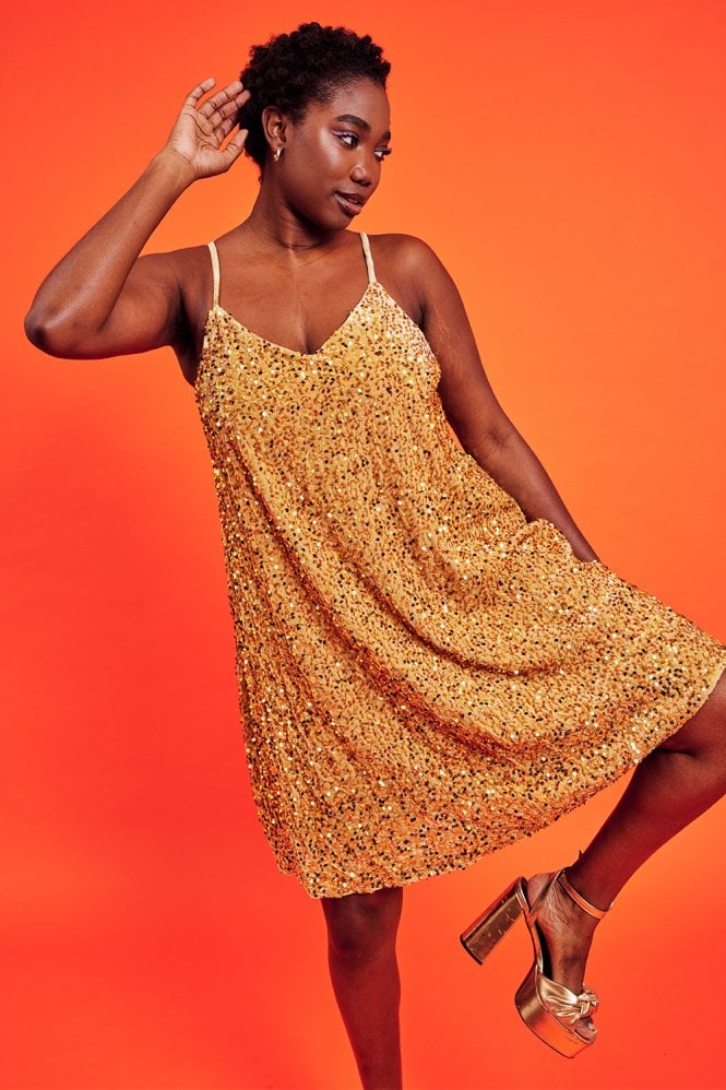 JAYLEY Gold Sequin Cami Swing Dress