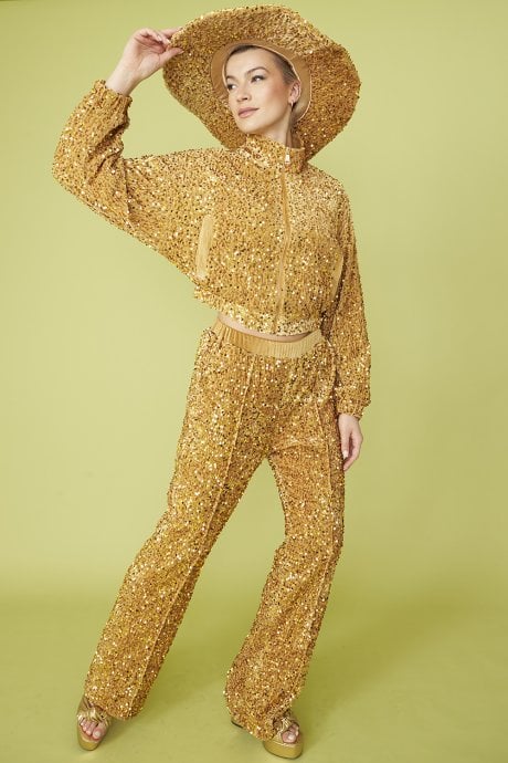 Gold Sequin Cropped Biker Jacket