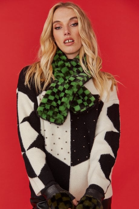 Green and Black Checkered Print Double Face Multi-way Faux Fur Scarf
