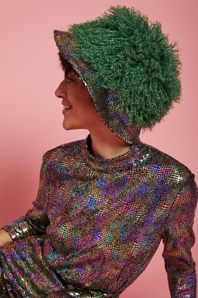 JAYLEY Green Bamboo Faux Mongolian Bucket Hat
