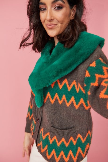 Green Banana Peel & Faux Fur Collar & Cardigan
