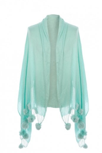 Green Cashmere Wrap With Coney Fur Pom Poms